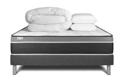 Pack lit complet 200x200 cm - Matelas + Sommier Gris (en kit) + 2 oreillers + Couette - Vital Care